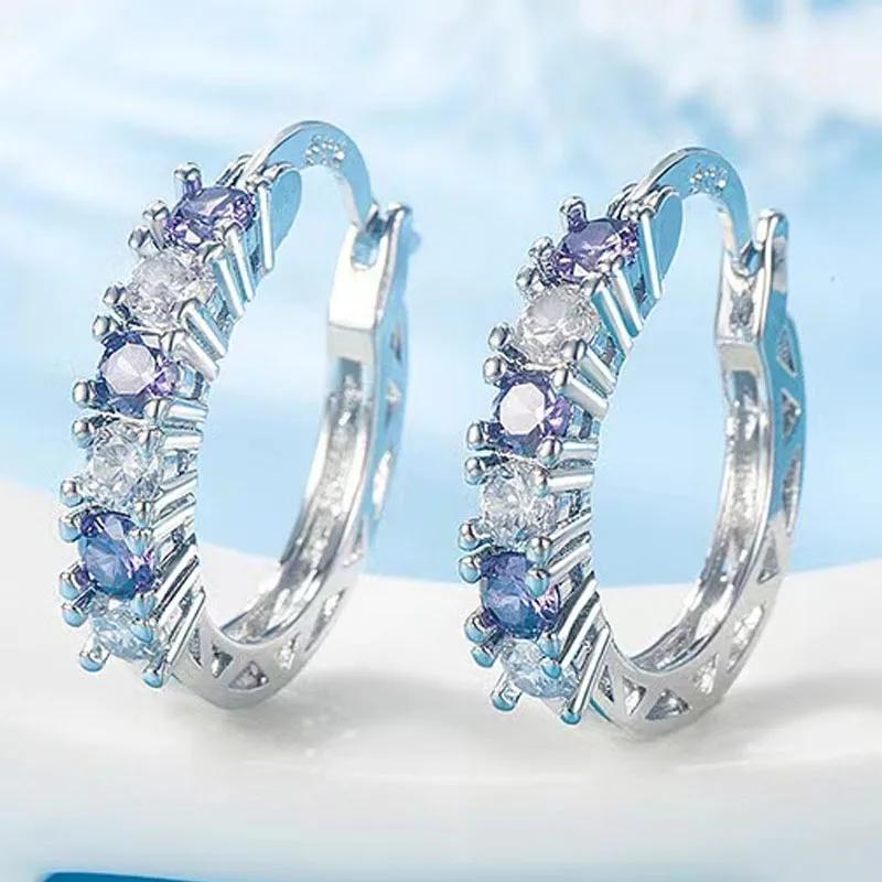 New Luxury Trendy Blue Cubic Zirconia Hoop Earrings Wedding Party Elegant Accessories For Women Anniversary Gift Jewelry
