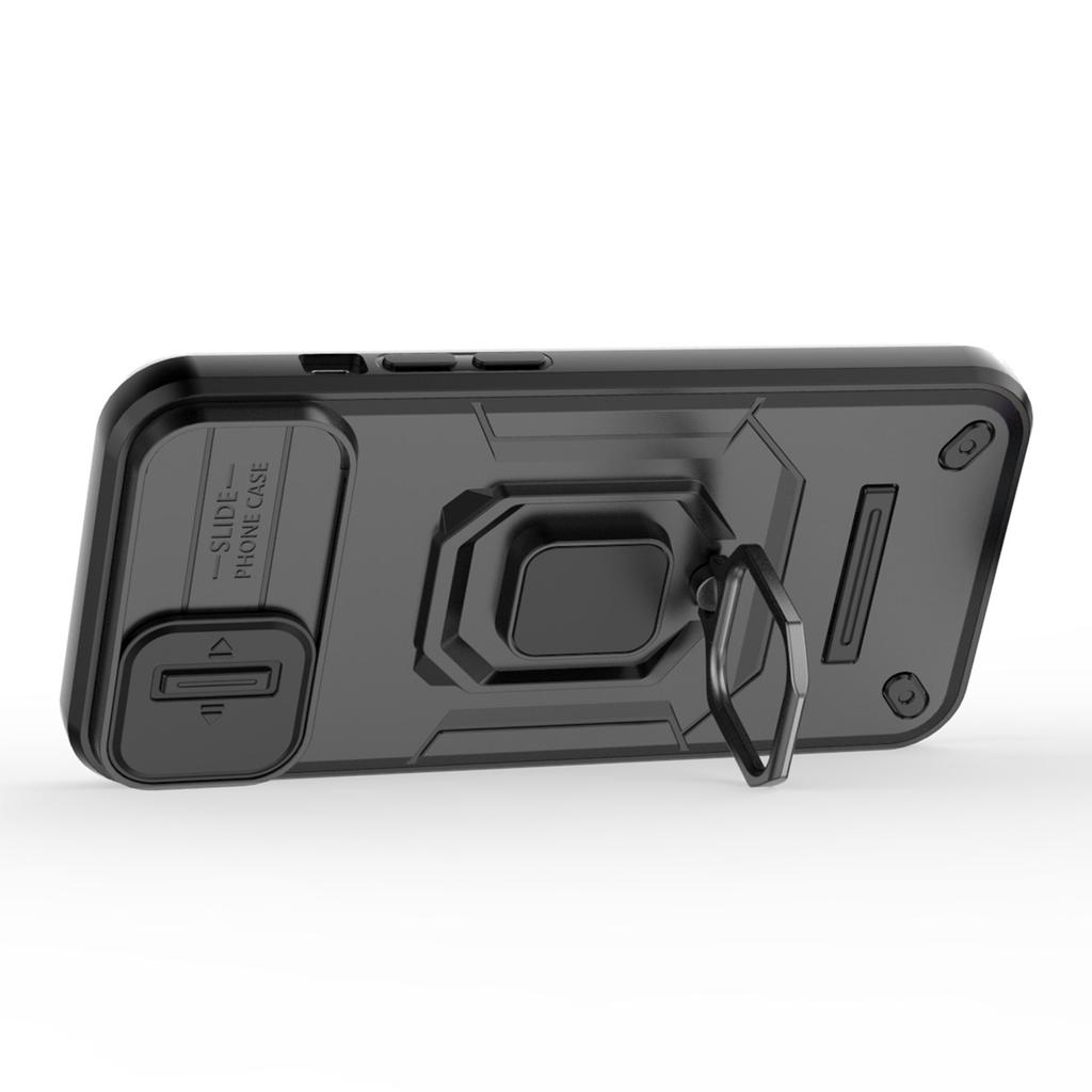 For iPhone 15 PC+TPU Impact-Resistant Phone Case Slide Lens Protection Kickstand Cover