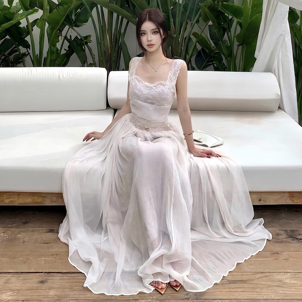 2026 European and American summer new temperament lace splicing design suspender temperament slim backless dress women