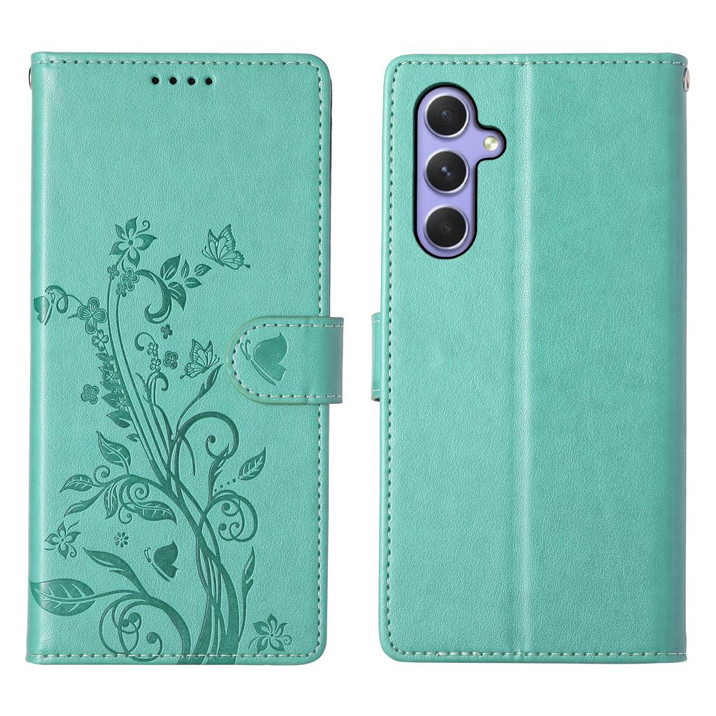 For Samsung Galaxy A16 5G/4G Wallet Case Butterfly Floral Imprint PU Leather Phone Cover with Wrist Strap
