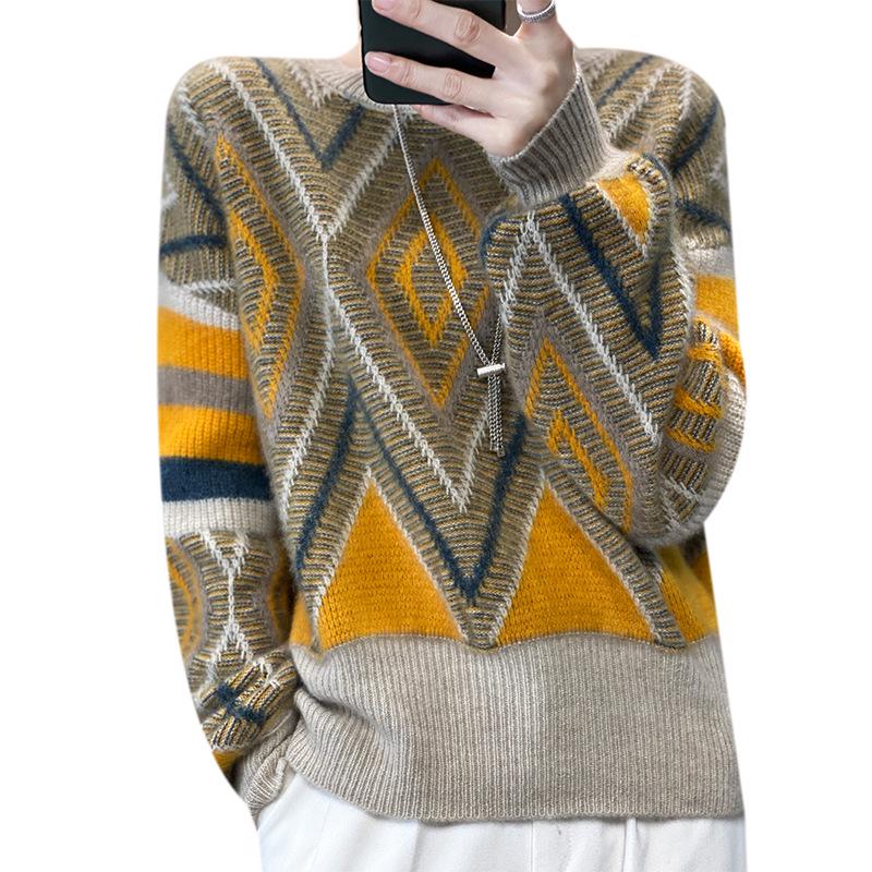 Bubble Girl Color Block Knit Jacquard Sweater, Loose Fit, Crew Neck, Thickened Knitwear with Lazy Sleeves - Spring/Autumn 2023