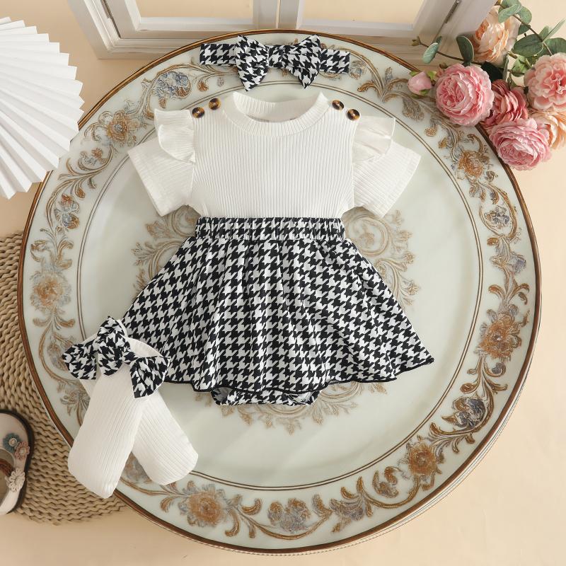 Cute Summer Girls' Infant Toddler Outfit Flutter Sleeves Short Sleeves Houndstooth Pattern Soft Treatment Dress Socks