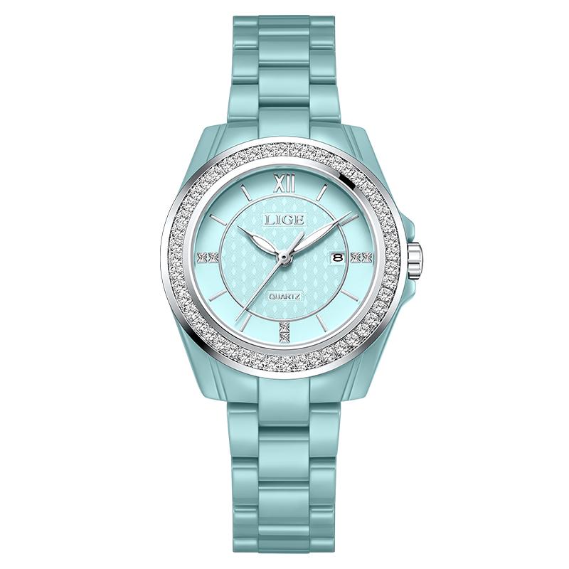 LIGE Luxus Damen Uhr Wasserdicht Mode Quarz Damen Armbanduhr Datum Rosa Vollkeramik Damen Uhren Relojs+GESCHENKKARTE