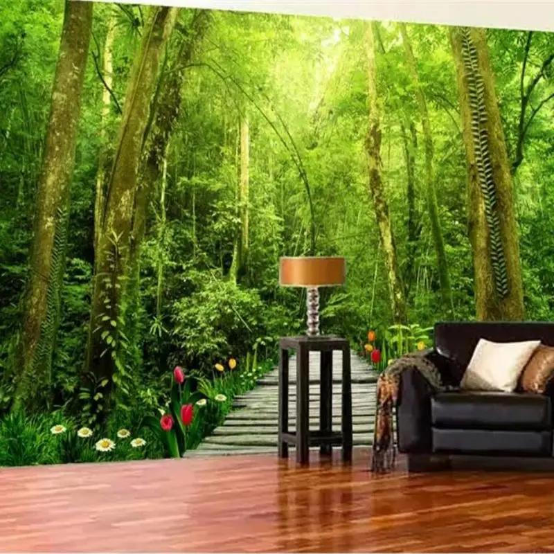 Bakgrunn 3d Veggmalerier Inn i den Friske Naturlige Skogen Tre Vakker Bakgrunn Bakgrunnspapir Hjemmeinnredning 3d Bakgrunn