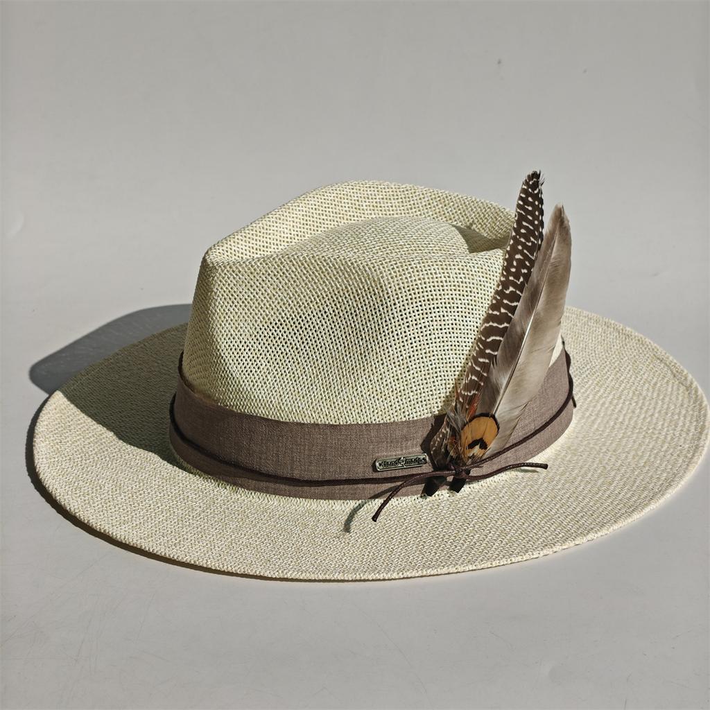 Handgeweven Hoed Veer Accessoire Mannen Breedgerande Panama Jazz Hoed Buiten Zonbescherming Stro Hoed Unisex Stijl voor Lente & Zomer