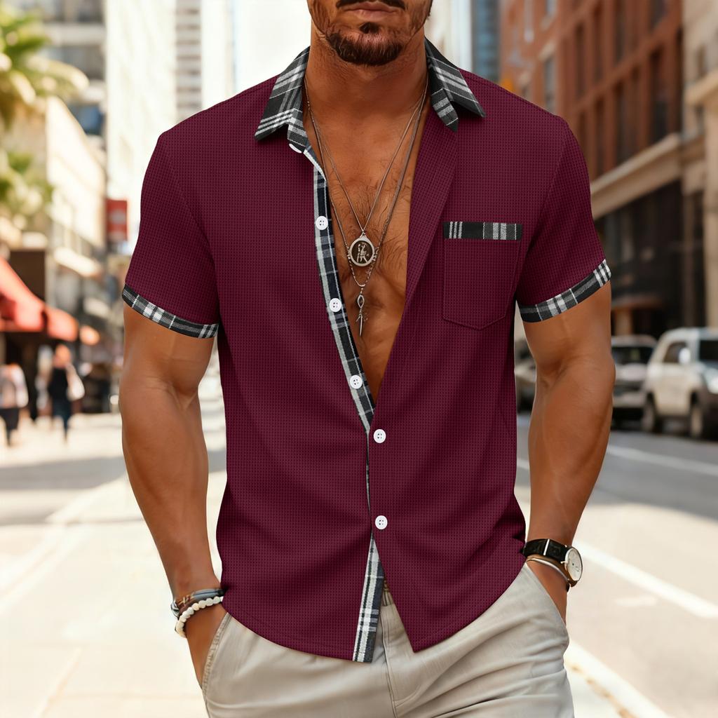 Lightweight summer short-sleeved shirt men-breathable button-down chest pocket casual vacation top solid color