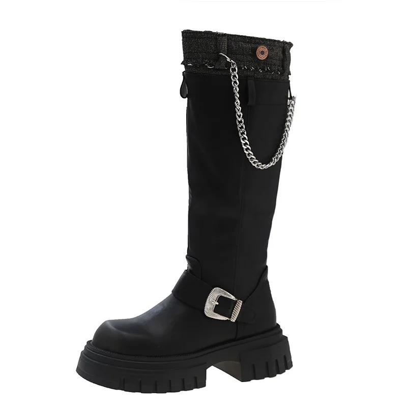 2024Platform Belt Buckle But Knee High Boots Woman Autumn Thick Heel Western Cowboy Knight Botas Patchwork Versatile Women Shoes