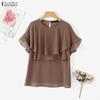 ZANZEA Women Casual Round Neck Loose Ruffles Short Sleeve Blouse