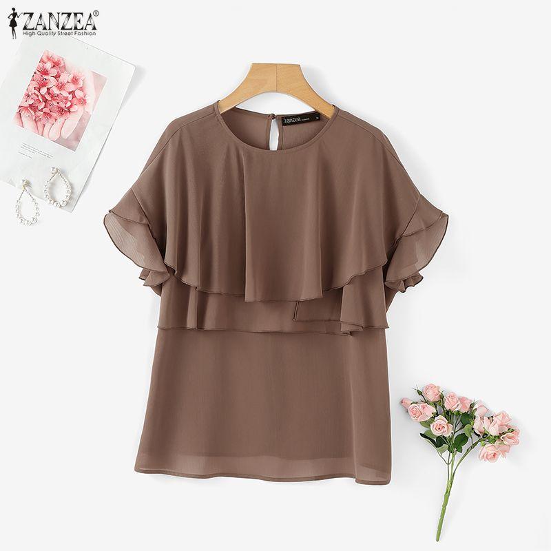 ZANZEA Women Casual Round Neck Loose Ruffles Short Sleeve Blouse