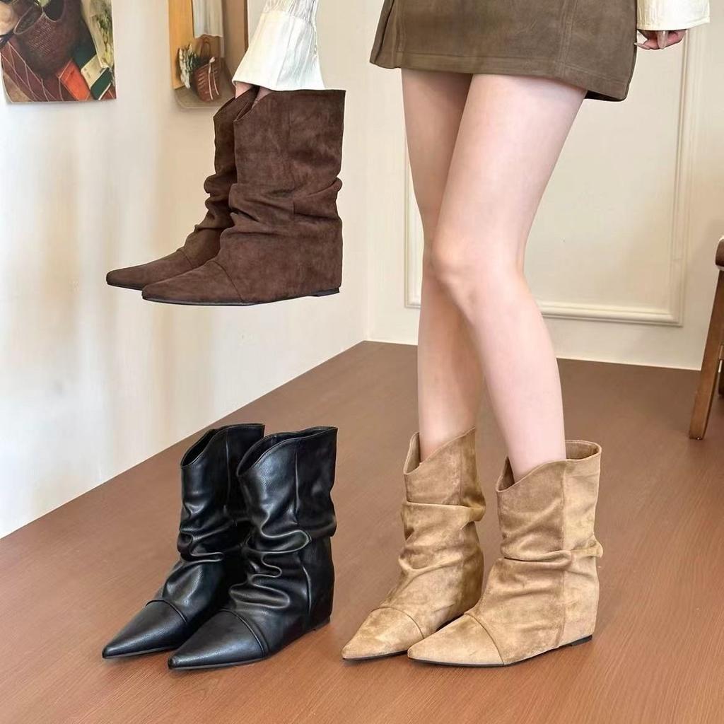 Autumn and winter new small temperament pleated short tube thin boots women's versatile pointed soft leather inner height-increasing short boots