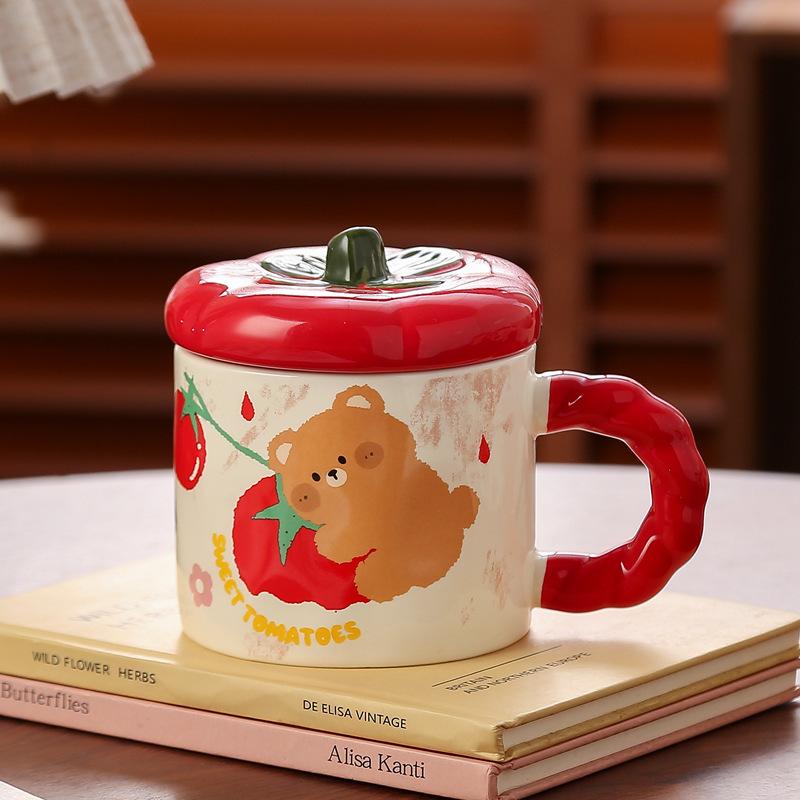 Cute persimmon mug with lid birthday gift souvenir high value coffee cup household girls ceramic cup