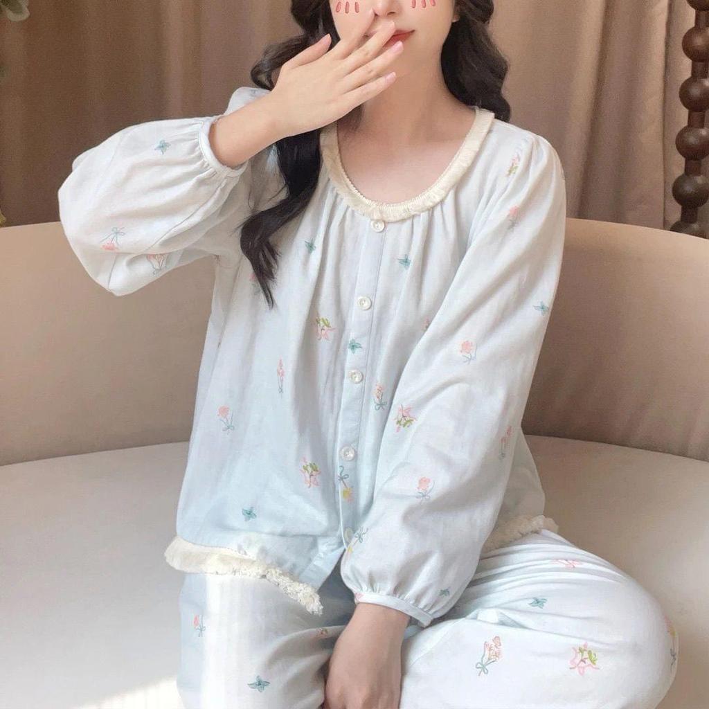 2026 Women's Double Long Cloud Cotton Pajama Set, Spring/Autumn Cardigan Style with Lace, Sweet Solid Color Home Wear