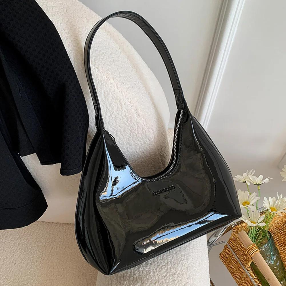 Luxury Patent Leather Women Crescent Bag Brand Shoulder Bag Retro Solid Armpit Purses Ladies Half Moon Bag High Quality Hobo Bag