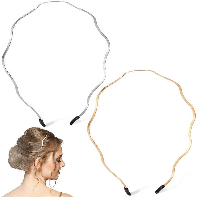 PAGOW 2 Pcs Metal Headbands for Women Trendy, Gold Silver Wavy Headbands for Women s Hair, Cute Elastic Head Band Hair Accessories for Women (Gold, Gold,Silver (Wavy)