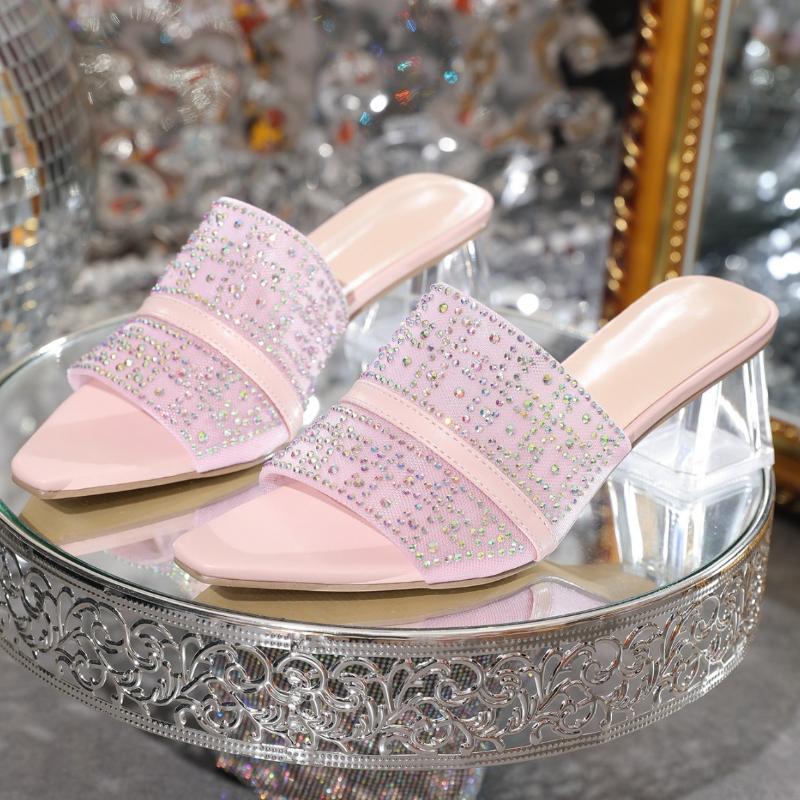 

Luxury Rhinestone Transparent Thick Rooted Slippers Women Branded Designed Pointed Toe Open Toe High Heeled Sandal Dress Pumps 42 розовый