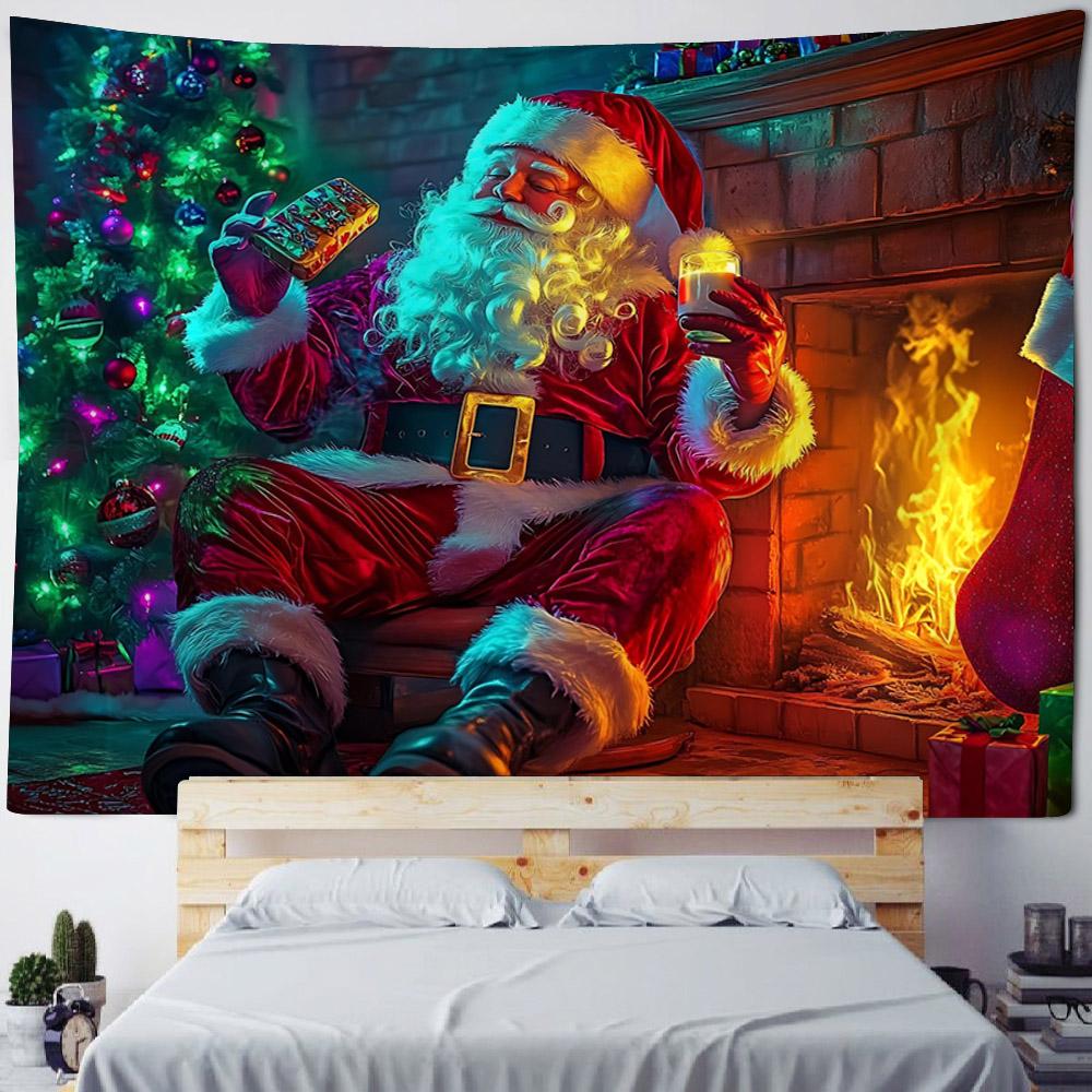 Santa Claus Tapestry Christmas Tree Polyester Wall Hanging Fabric Home Festival Decoration Christmas Background Poster 100X70CM
