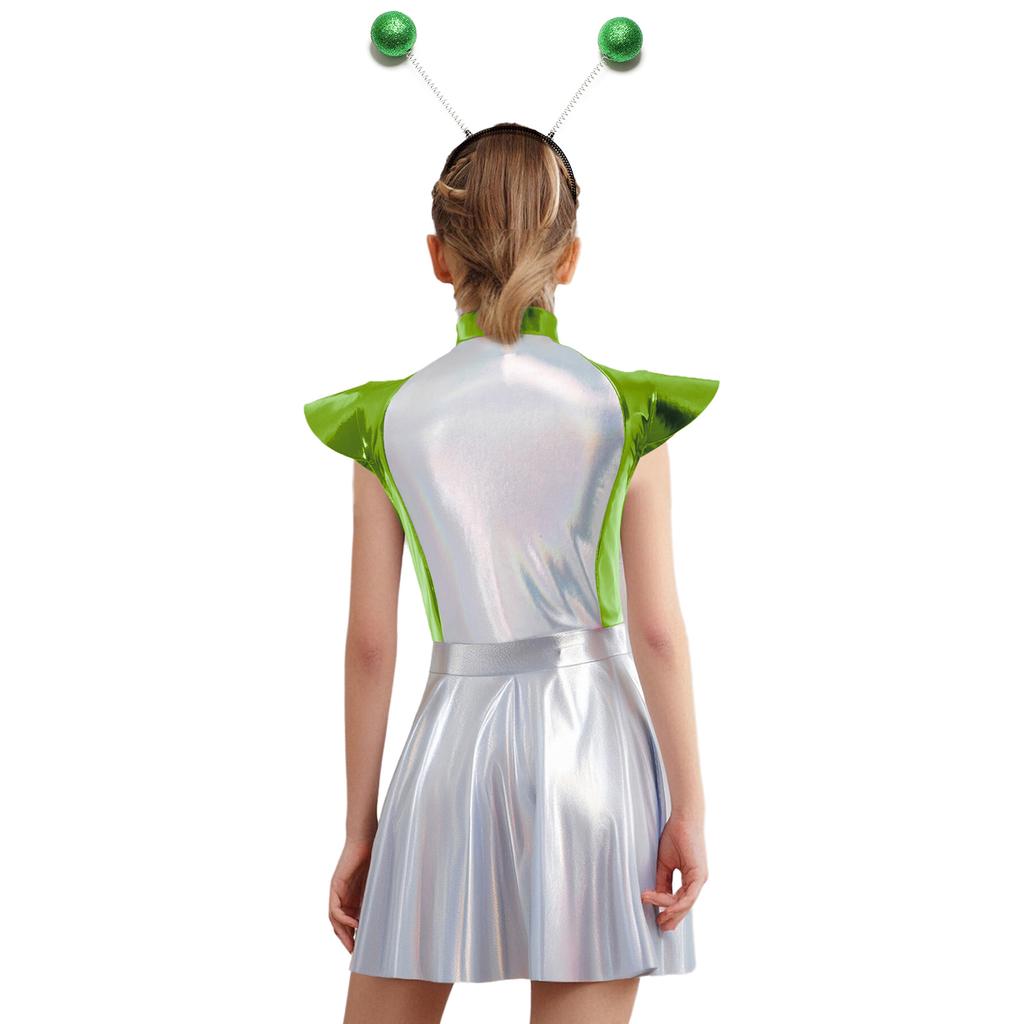 Girls Alien Costume Set Cap Sleeves High Waist Design A-Line Dress Outer Space Cutie Outfit Hair Hoop Included