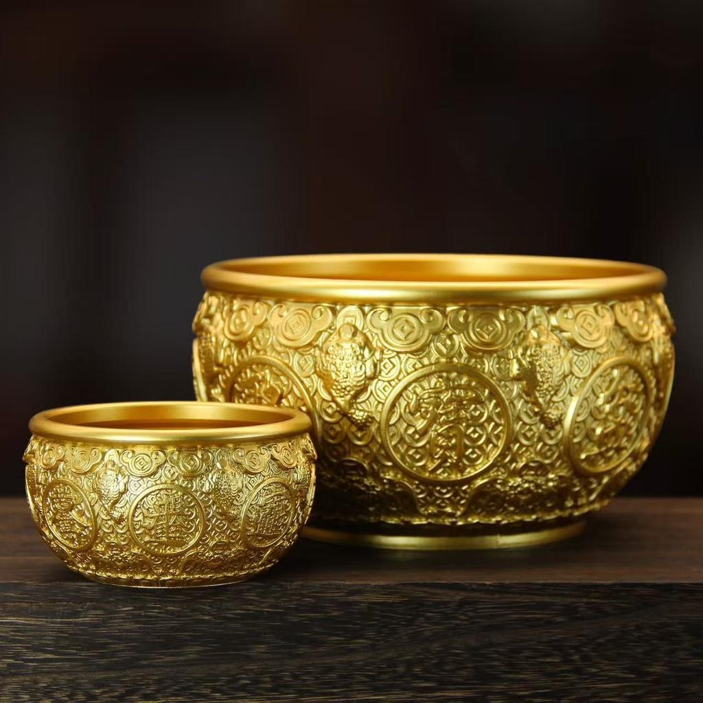 Brass Bowl,Engraved Golden Toad Treasure Basin,Copper Jar With Lid for Attracting Wealth Good Fortune, Home Desktop Decoration