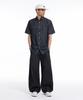 CREAM SODA LAB Applique Embroidered Lettering Denim Collared Short Sleeve Shirt Black