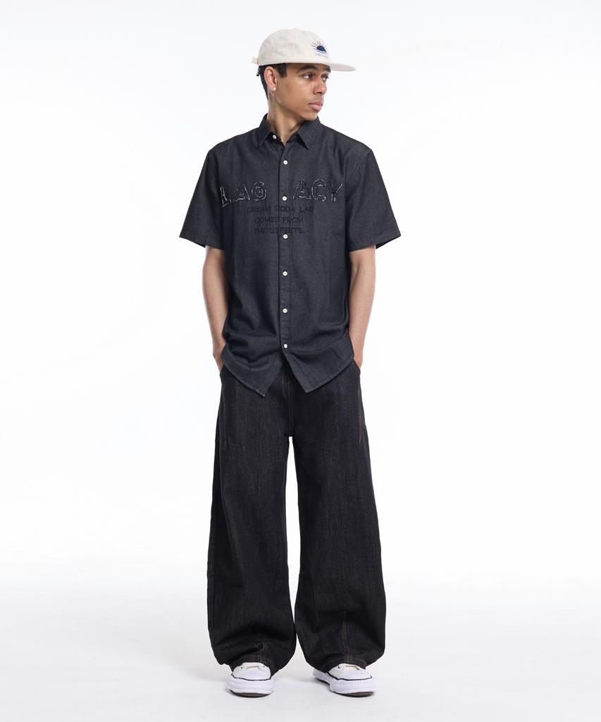 CREAM SODA LAB Applique Embroidered Lettering Denim Collared Short Sleeve Shirt Black