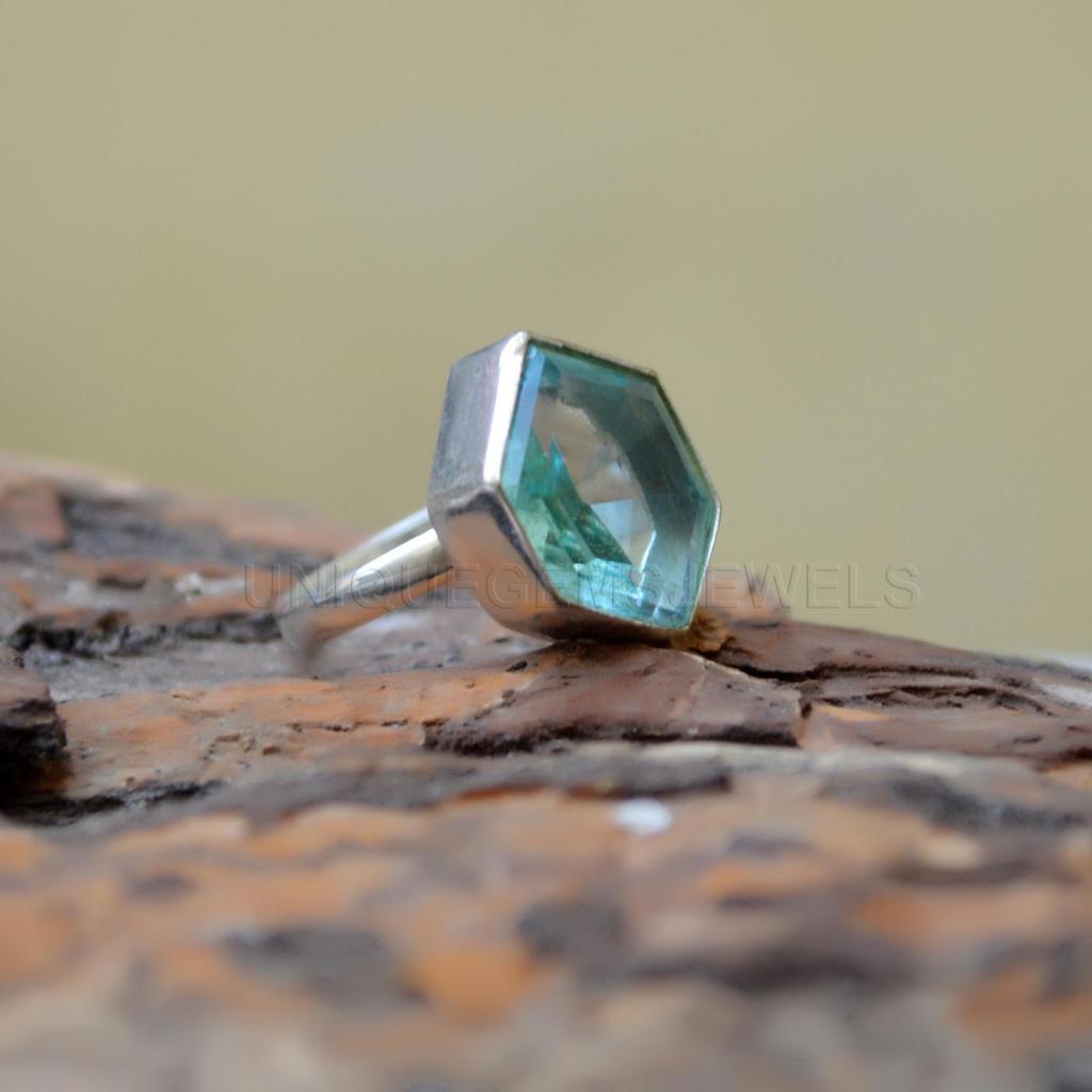 Hexagon Shape Aquamarine Quartz 925 Sterling Silver Ring Jewelry, Light Aquamarine Statement Wedding Gift Ring