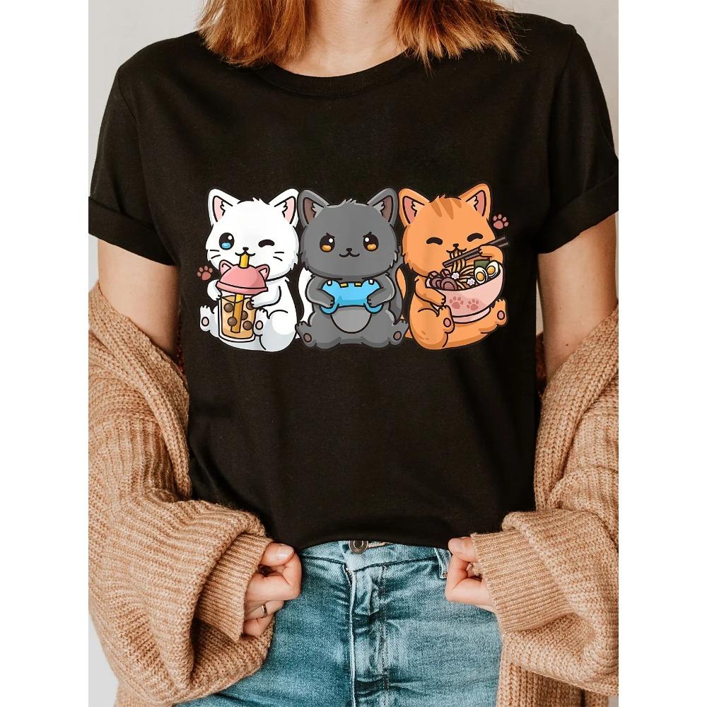 Cat Print Crew Neck Tshirt Short Sleeve Casual Top for Summer Spring Womens Clothing Shirt Tops Women Clothing Graphic Y2K