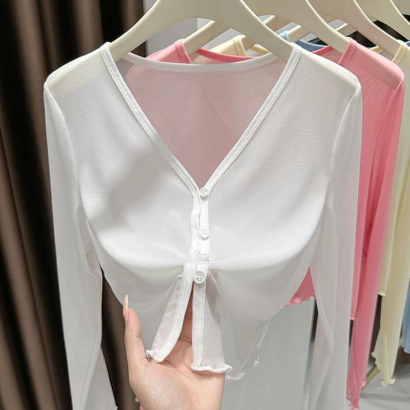 Ice Silk Cool Tulle Sunscreen Cardigan Women's Shawl Summer with Skirt Suspenders Outer Blouse Transparent Mesh Top