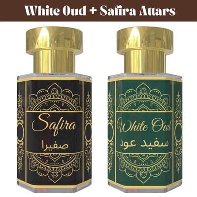 White Oud Attar and Safira Attar Combo – Soft Creamy Woody & Sweet Oriental Fragrance Oils | Alcohol-Free Unisex Roll-On Perfume Set | 2 × 6 Ml