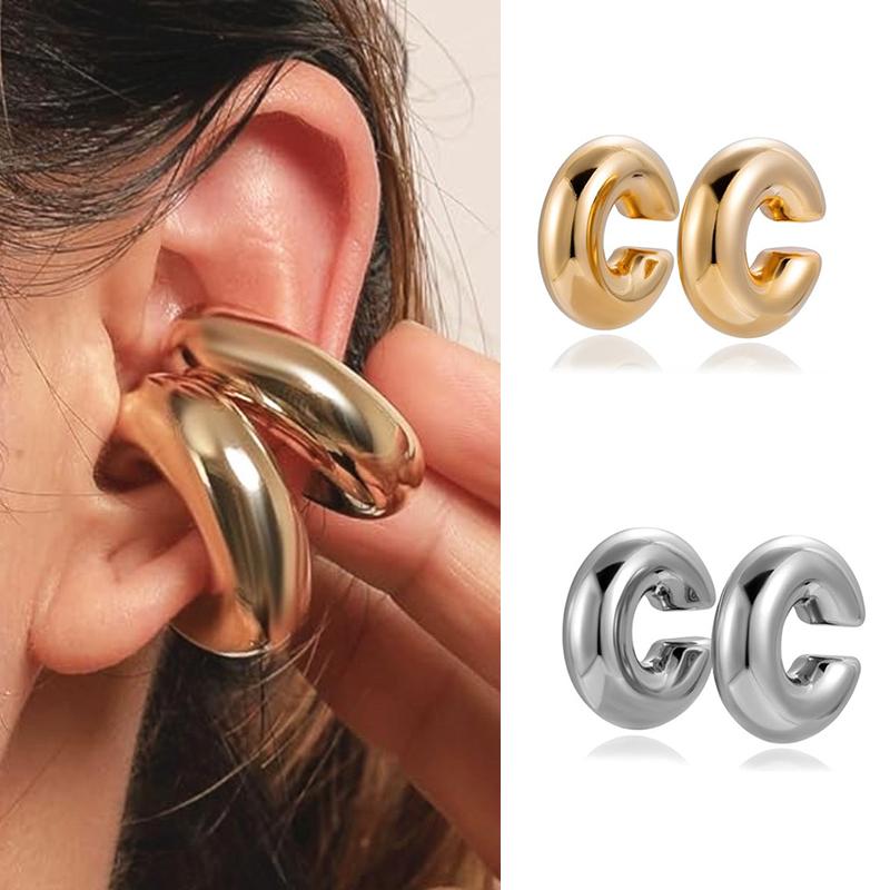 Oversize Chunky Round Circle Clip On Earrings for Women Gold Plated Stainless Steel Ear Cuff Hollow Tube Thick Earclips Jewelry