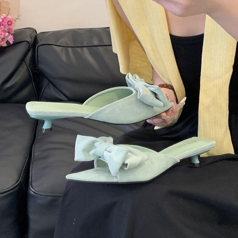 Fashion Fashion Butterfly-Knot Women Low Heel Slippers Shoes Female Slides Sandals Pointed Toe Footwear Ladies Heeled Slippers Shoes