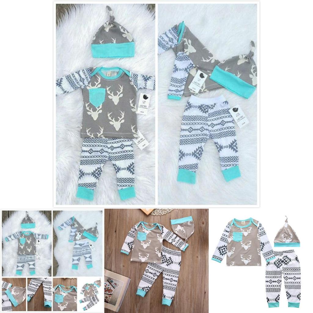 Adorabile Set di 3 Pezzi per Neonato e Bambino Maschio Cervo T-shirt Pantaloni Cappello