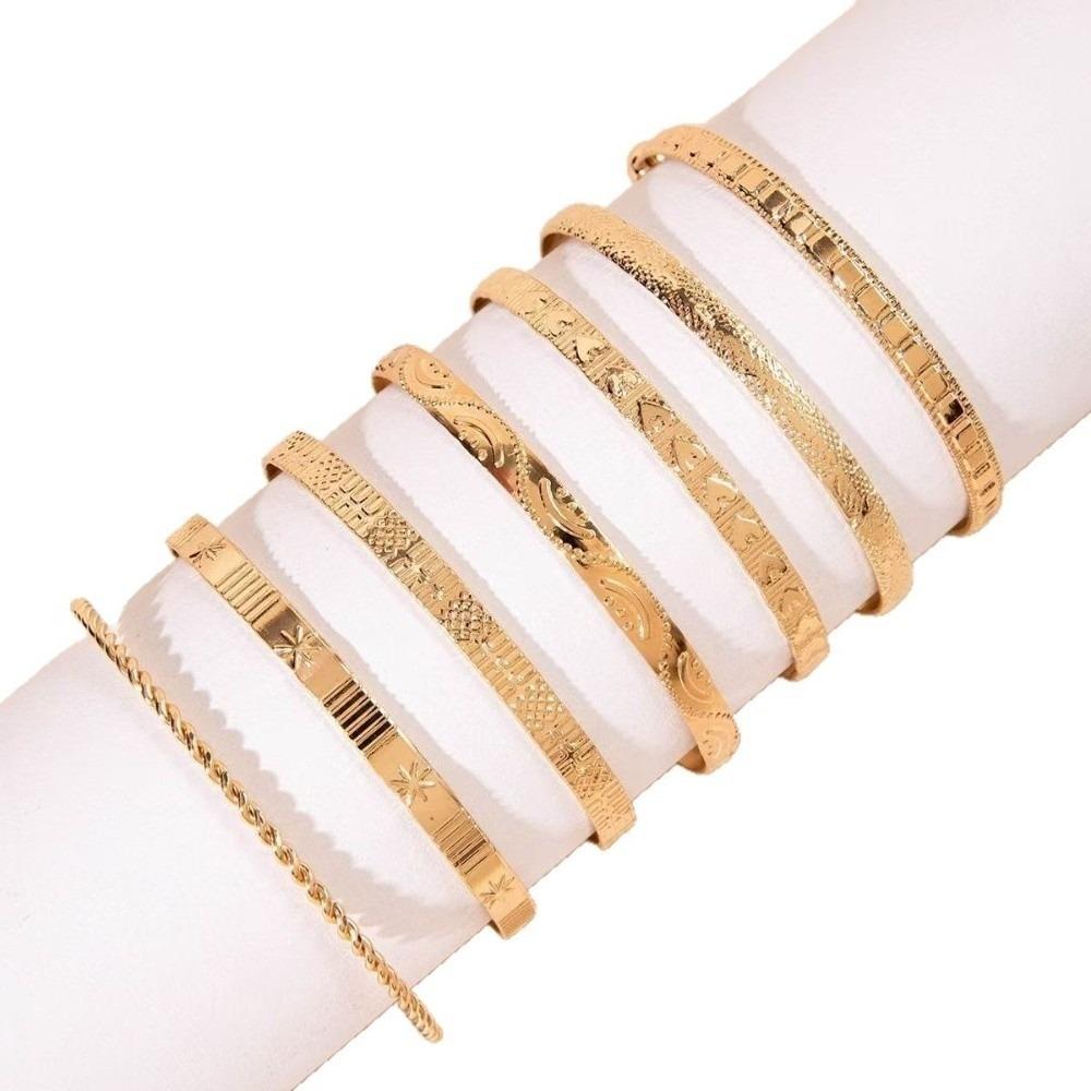 

7 Pcs/Set Chunky Metal Design Bracelets Versatile Heart Prints Bracelets Streetwear Style золотой