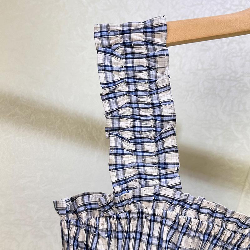 Seaside Blue & White Plaid Beaded Camisole Top + High-Waisted Skirt Set