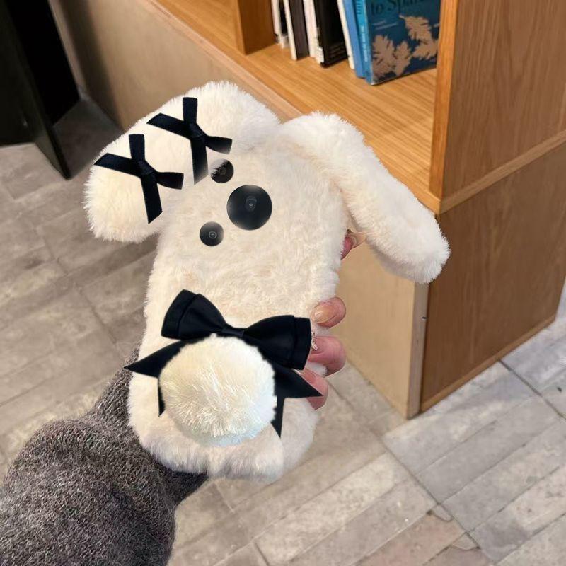 For IPhone17 16 Pro Max 15 14 13 12 11 Bow Tie Maid Bunny Plush Phone Case Fall Winter Cute Phone Protective Jacket