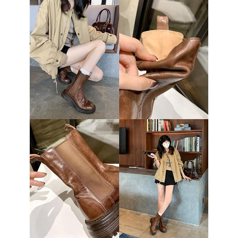 Washed cowhide~ Women's group boots pleated platform Chelsea boots elastic Martin boots women's short boots