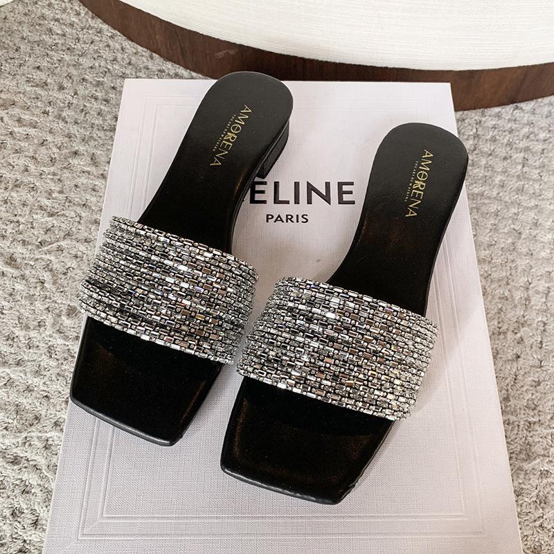 

Slope heel slippers women s new open-toed slope heel cool slippers rhinestone outer wear temperament versatile one-word drag in summer 2025 35