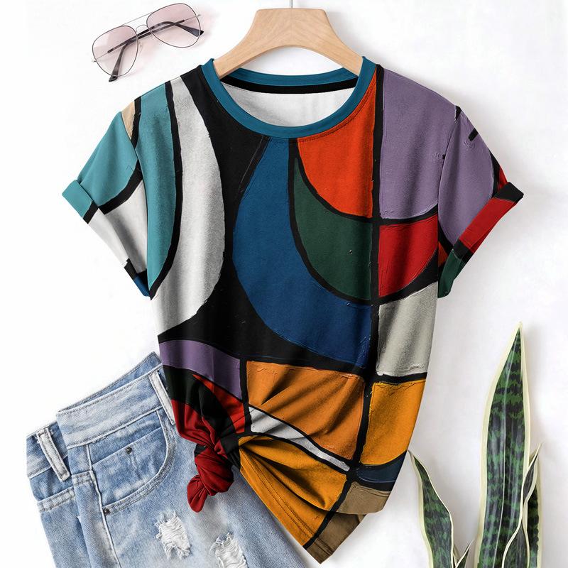 T-shirt da donna estiva a girocollo a maniche corte con motivo astratto stampato in 3D, artistica, leggera, casual e alla moda