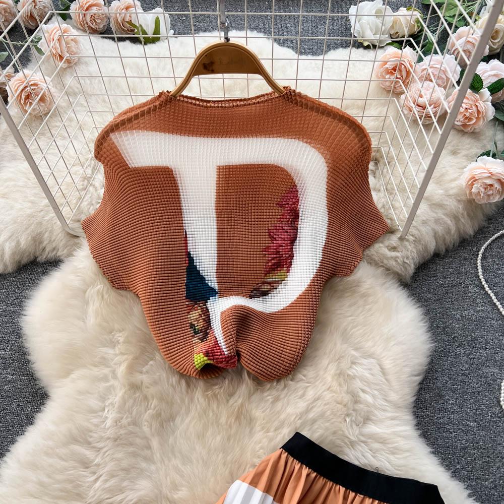 Autumn Europe And The United States Fashionable Lazy Loose Knit Top Plus Printed Pleated Half-Body Skirt Two-Piece Set