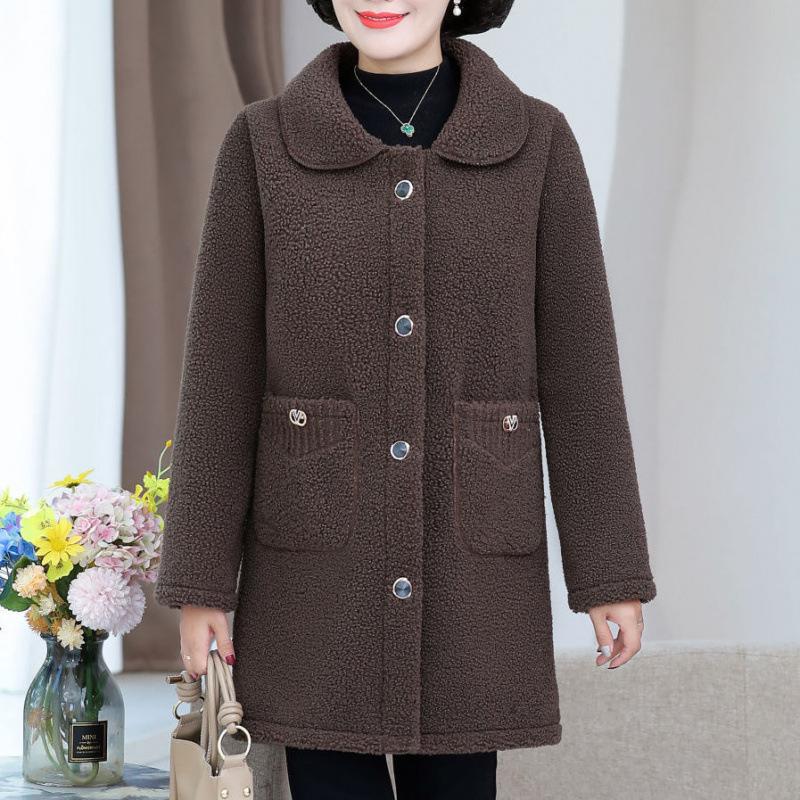 Mom Lamb Wool Jacket Winter Women's Plush Integrated Medium and Long Imitation Leather Plush Thickened Top Granular Plush