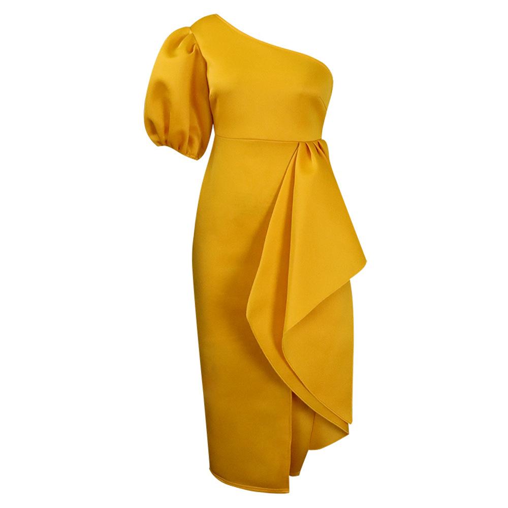 Abito da cocktail midi elegante da donna, monospalla, con maniche a sbuffo, vita alta e spacco