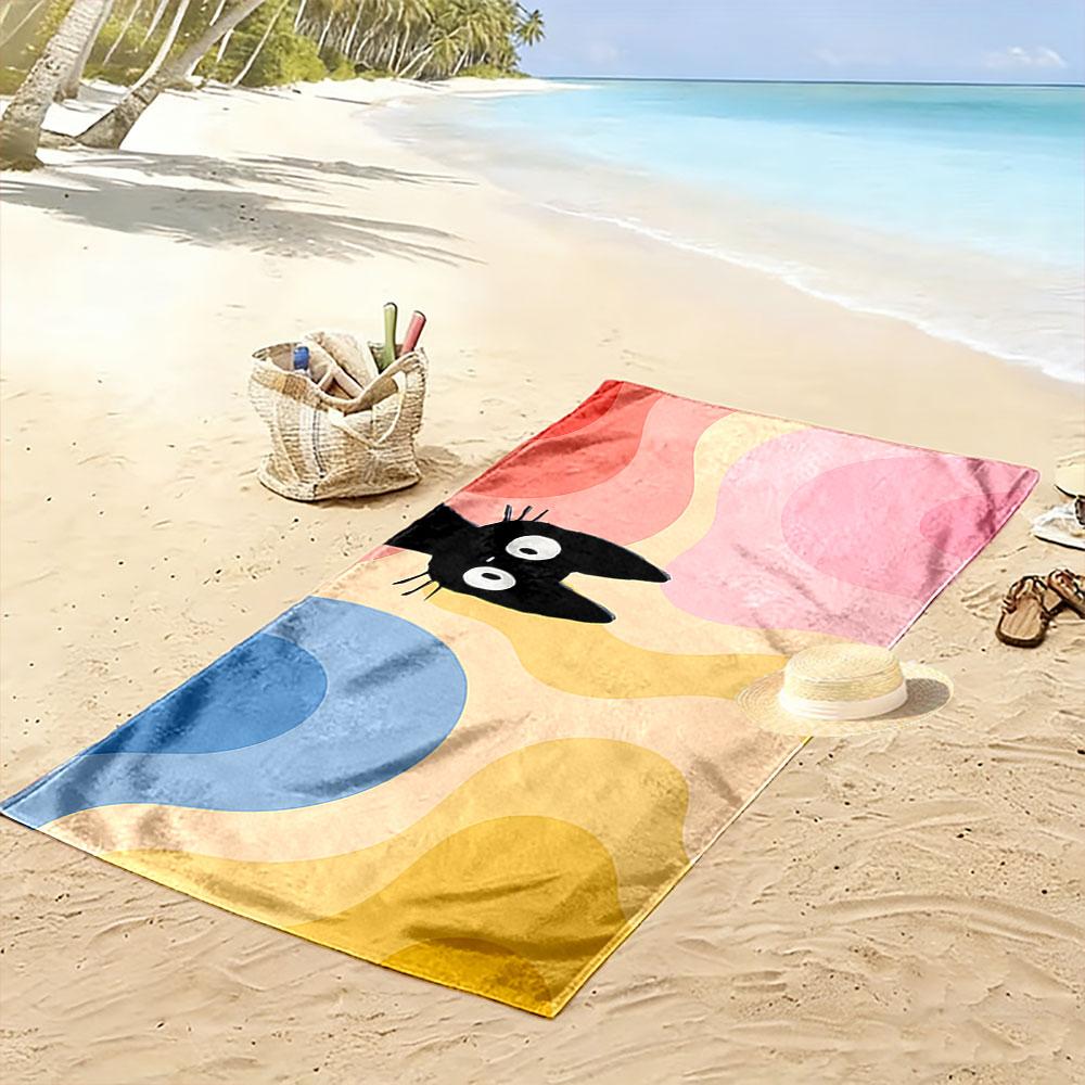 Black Cat on Colorful Waves A must-have beach towel for beach travel