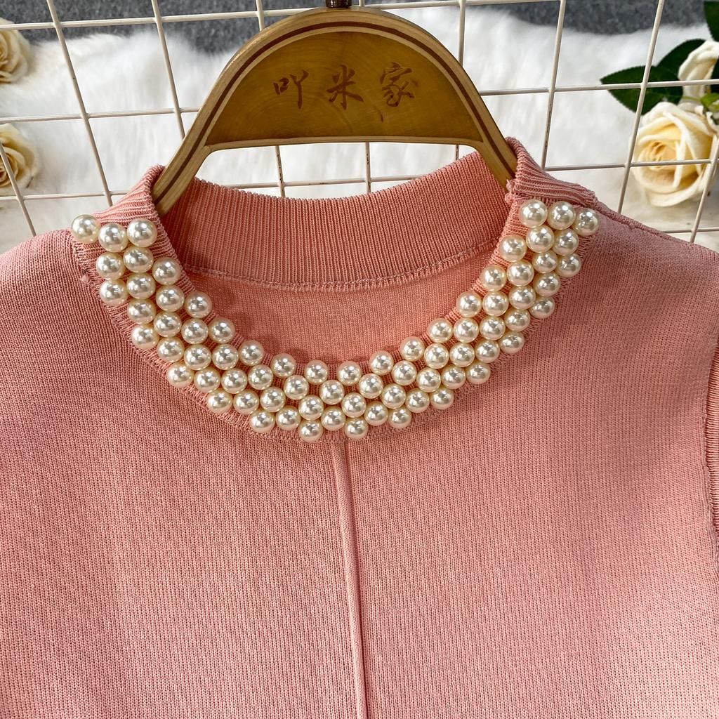Spring Summer Beaded Knitted Mini Dress for Women Fashion Sleeveless Slimming Ruffle-Trimmed Sweater Dress