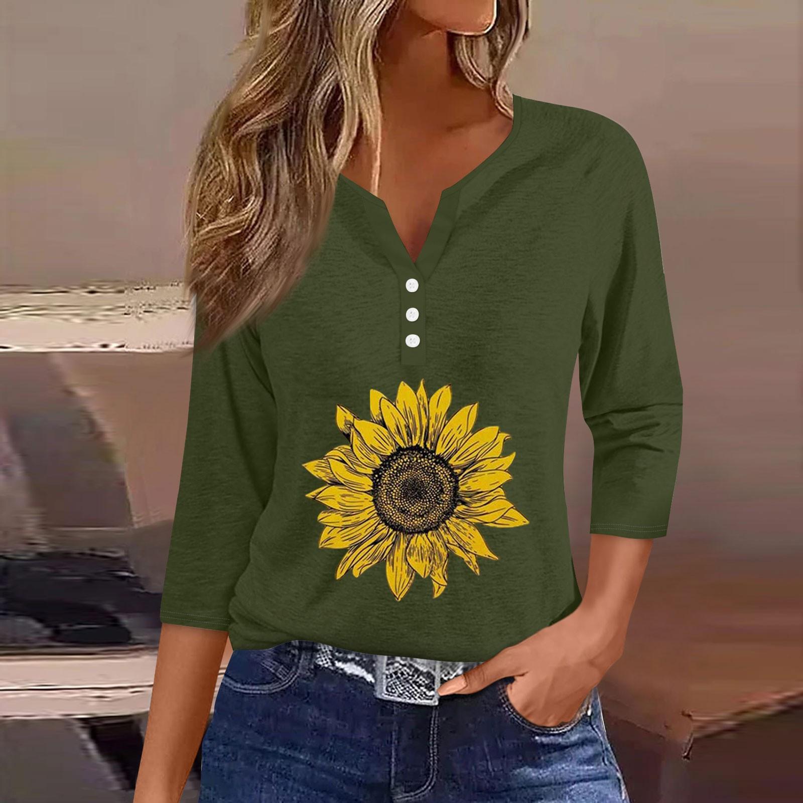 

Women s T Shirt Tee Print Button 3/4 SleeveDaily Weekend Fashion Basic V- Neck Regular Top S зелений