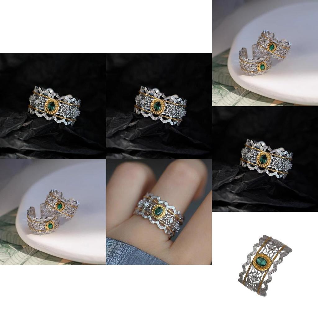 Elegant Luxury Style Open Adjustable Copper Ring For Women With Green Diamonds