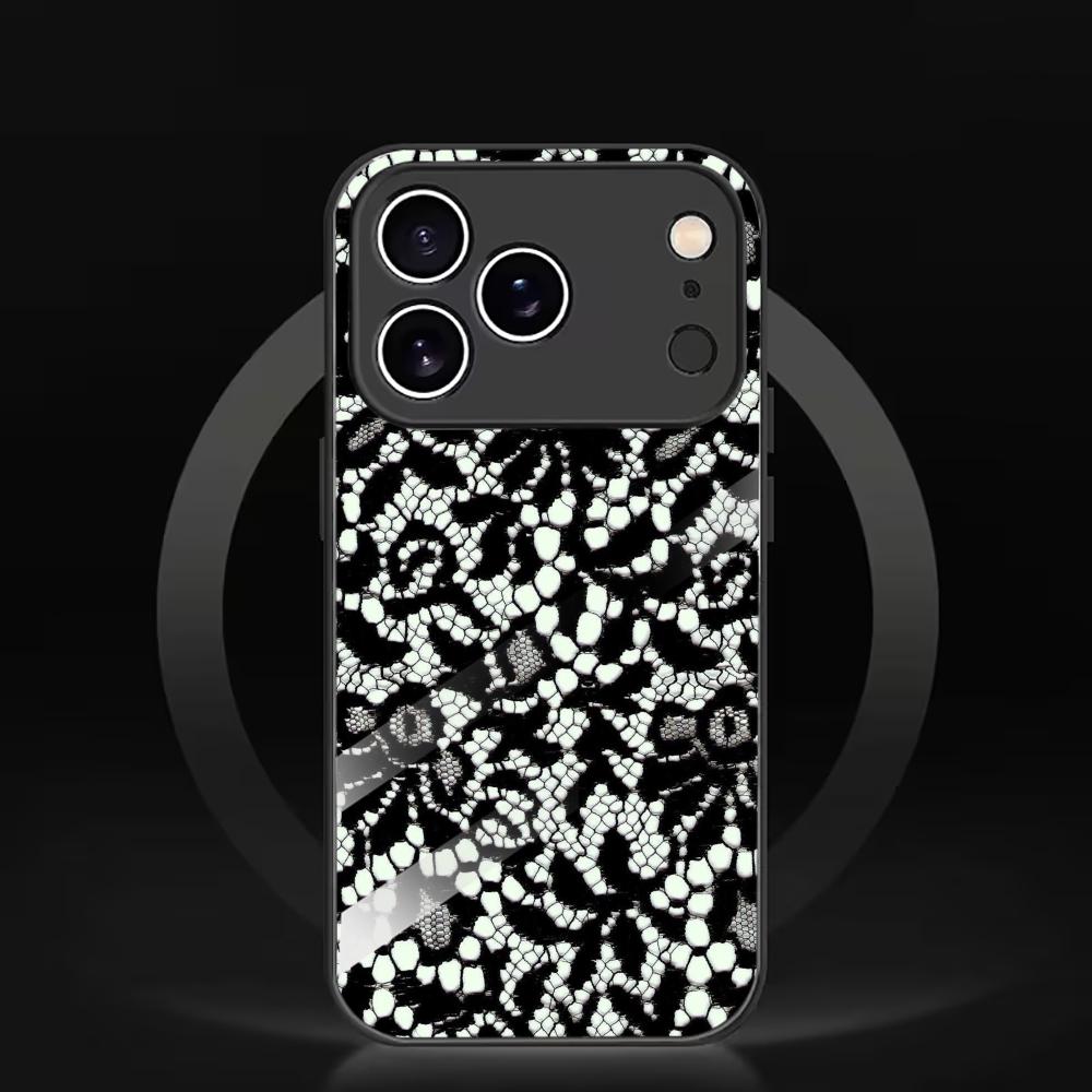 Black & White Floral Lace Glass phone case mobile phones for iphone 17 pro max cover for iPhone 17 16 15 14 13 12 11pm Pro Plus