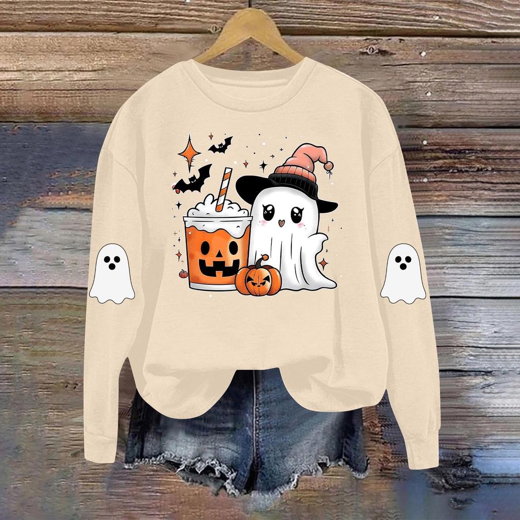 Dame Moteable Casual Langermet Halloween Trykket Rundhals Topp