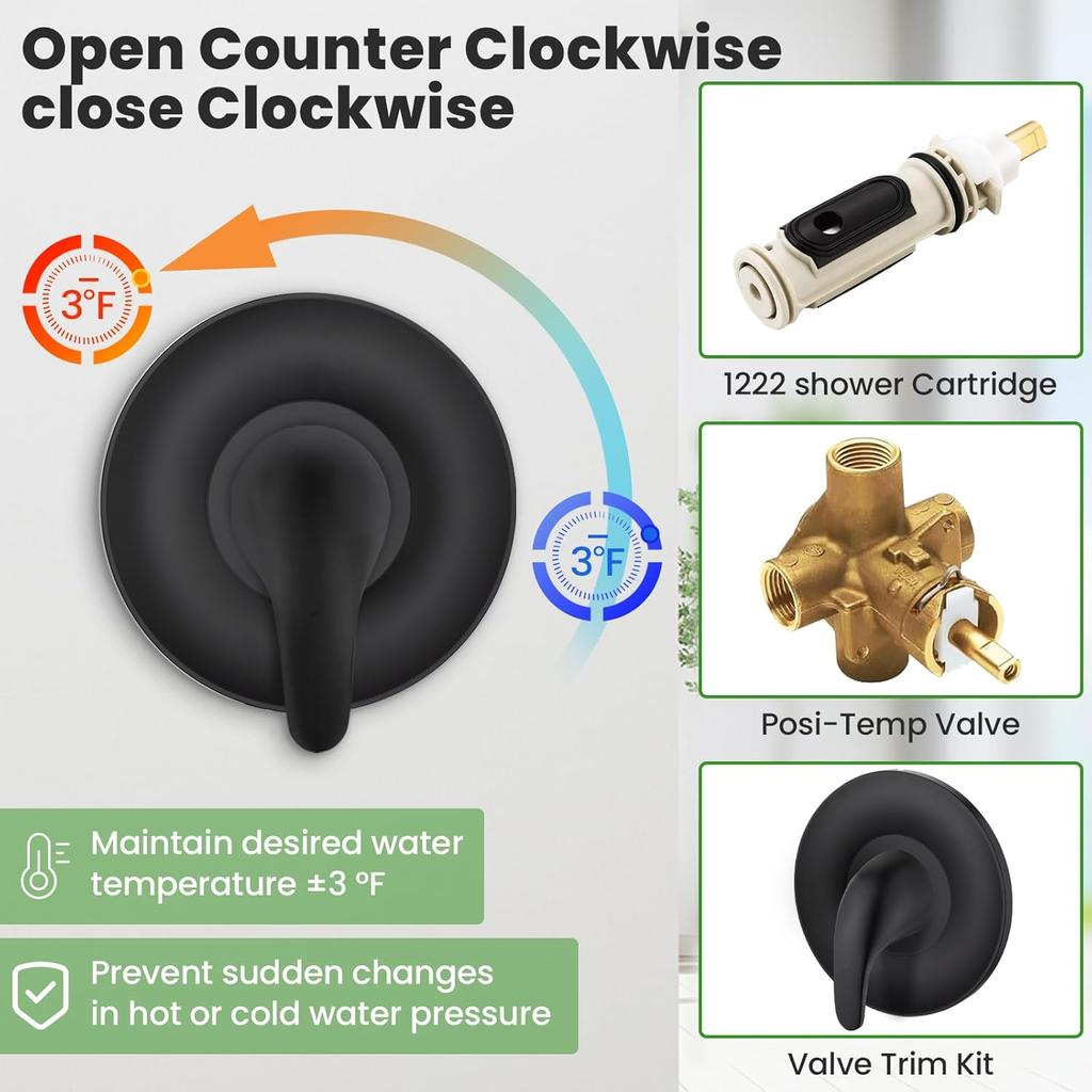 Pressure Balancing Tub and Shower Trim Kit, Replacement for Moen Posi-Temp Valve Trim Kit, Matte Black Shower Trim Kit