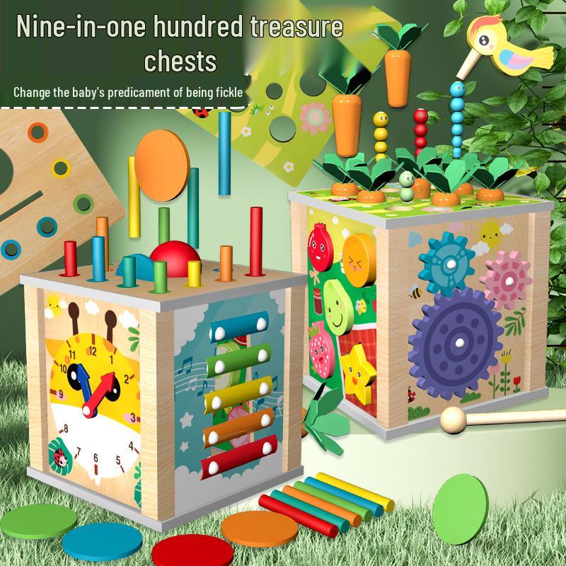 Wooden Educational Toy Chest: 9-in-1 Radish Pull & Insect Catch Game with Xylophone