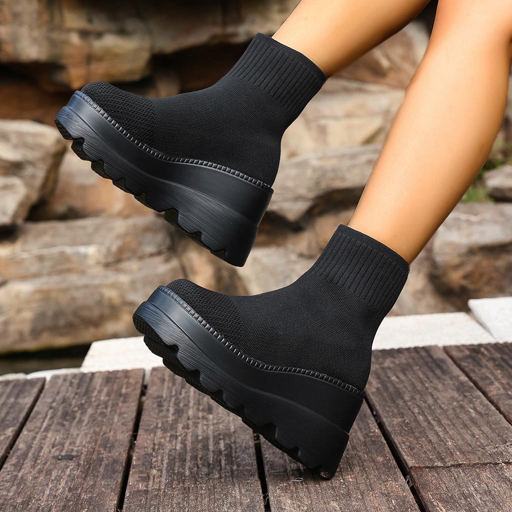 European and American Martin boots women's autumn new flying woven wedge heel short boots large size thick-soled elastic thin boots