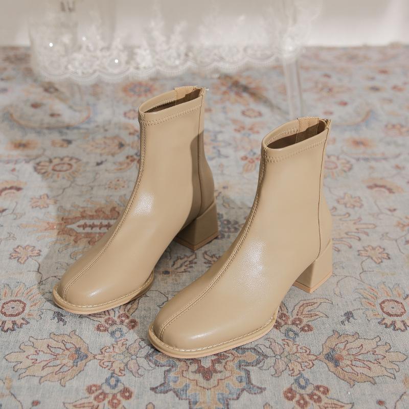 Französische elastische kurze Stiefel Damen dicke Absätze Herbst und Winter neu Maillard Temperament vielseitig Reißverschluss hinten dünne Martin-Stiefel